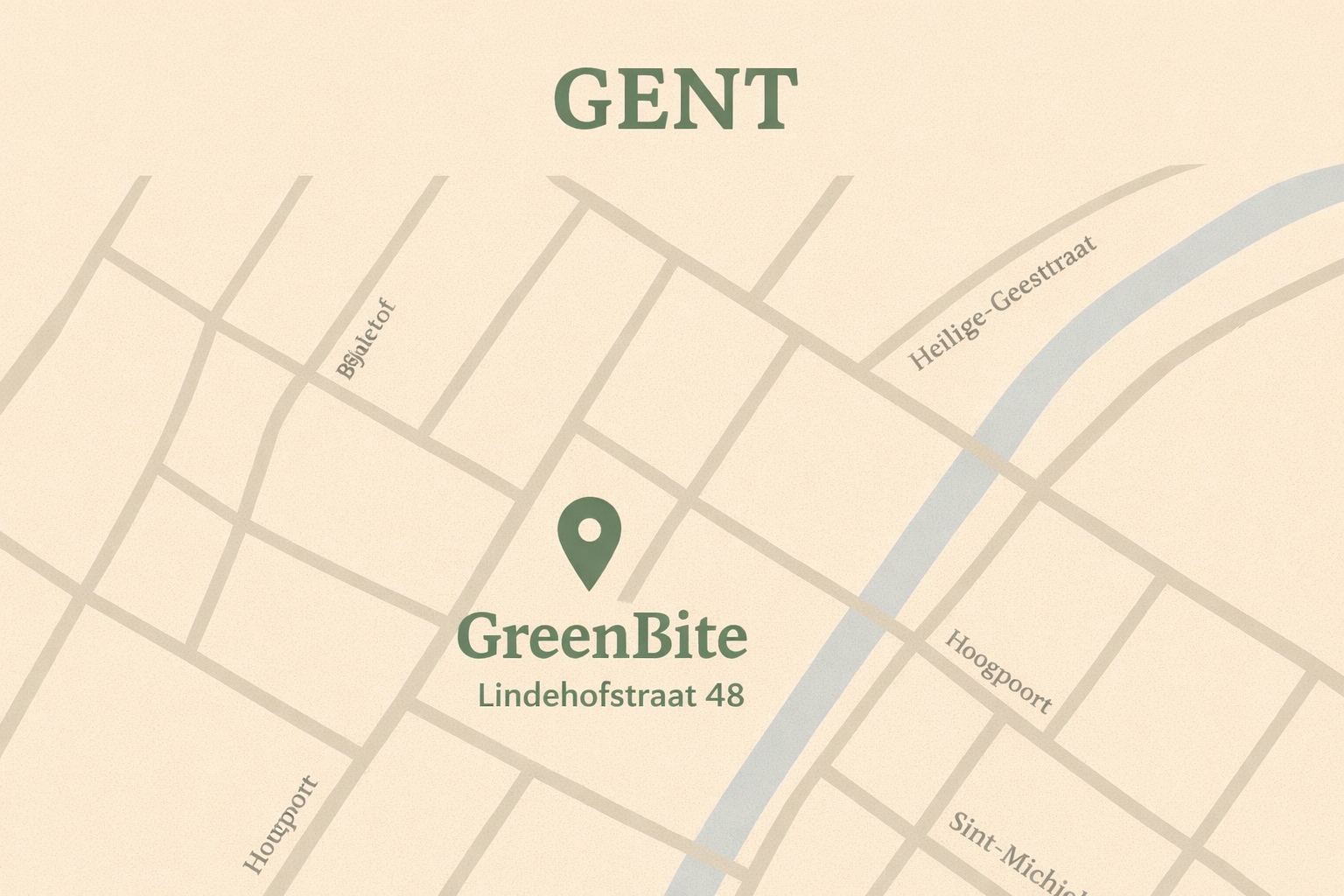 Plattegrond van centrum Gent met locatieaanduiding van GreenBite